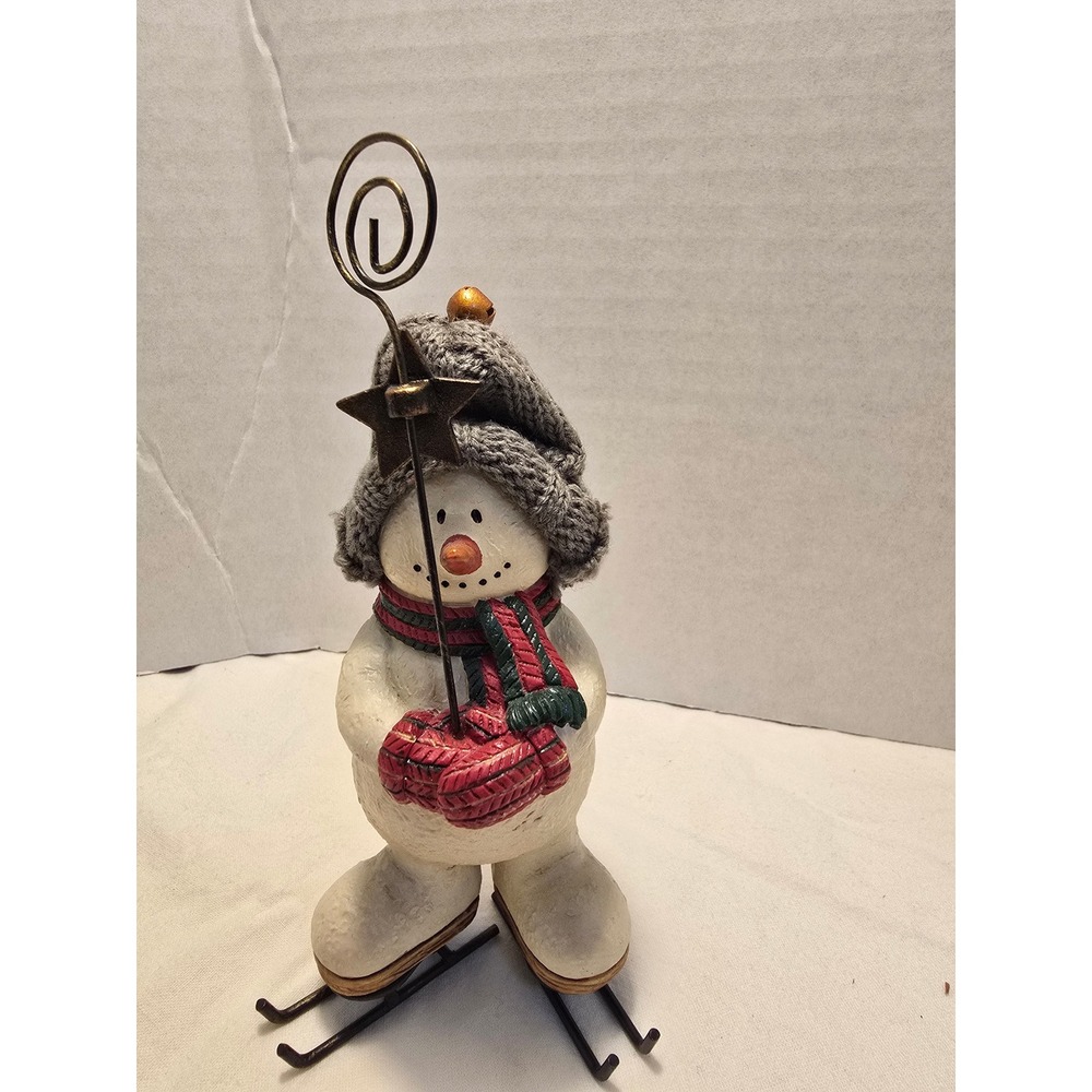Skiing Snowman Figurine with Star Photo Card Holder Rustic Winter Decor /0562
